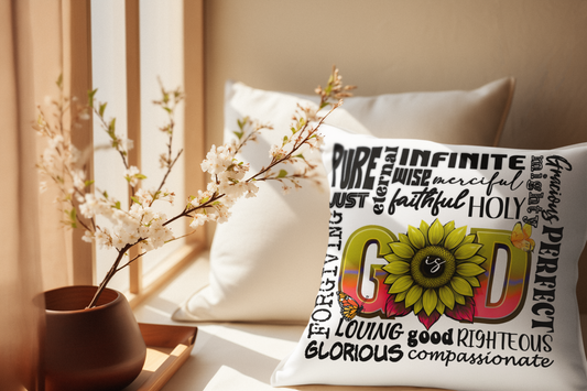 God Is…” Sunflower Word Art Pillow"