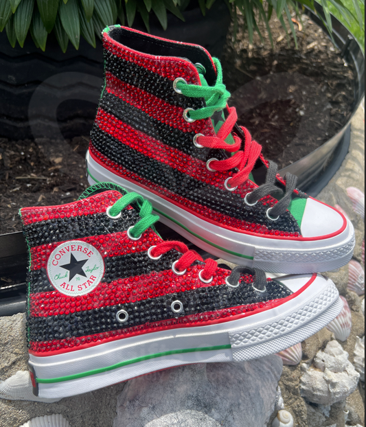 Full bling High Top Converses Red/Black/Green